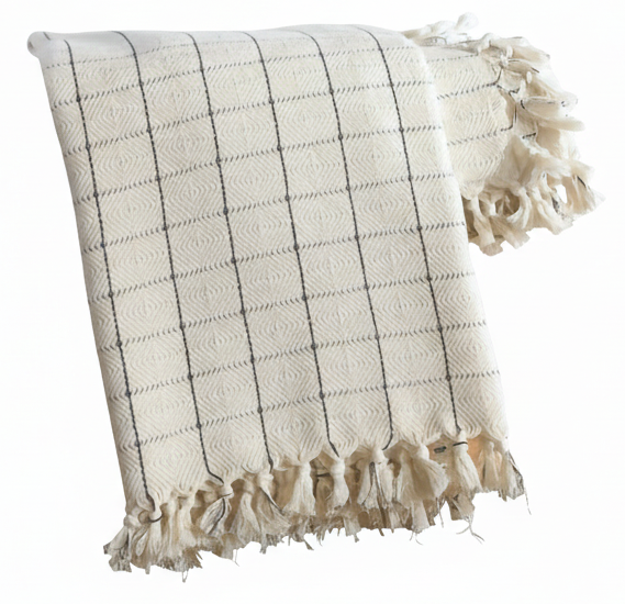 Throw Blanket Cream Checkered 100% Cotton