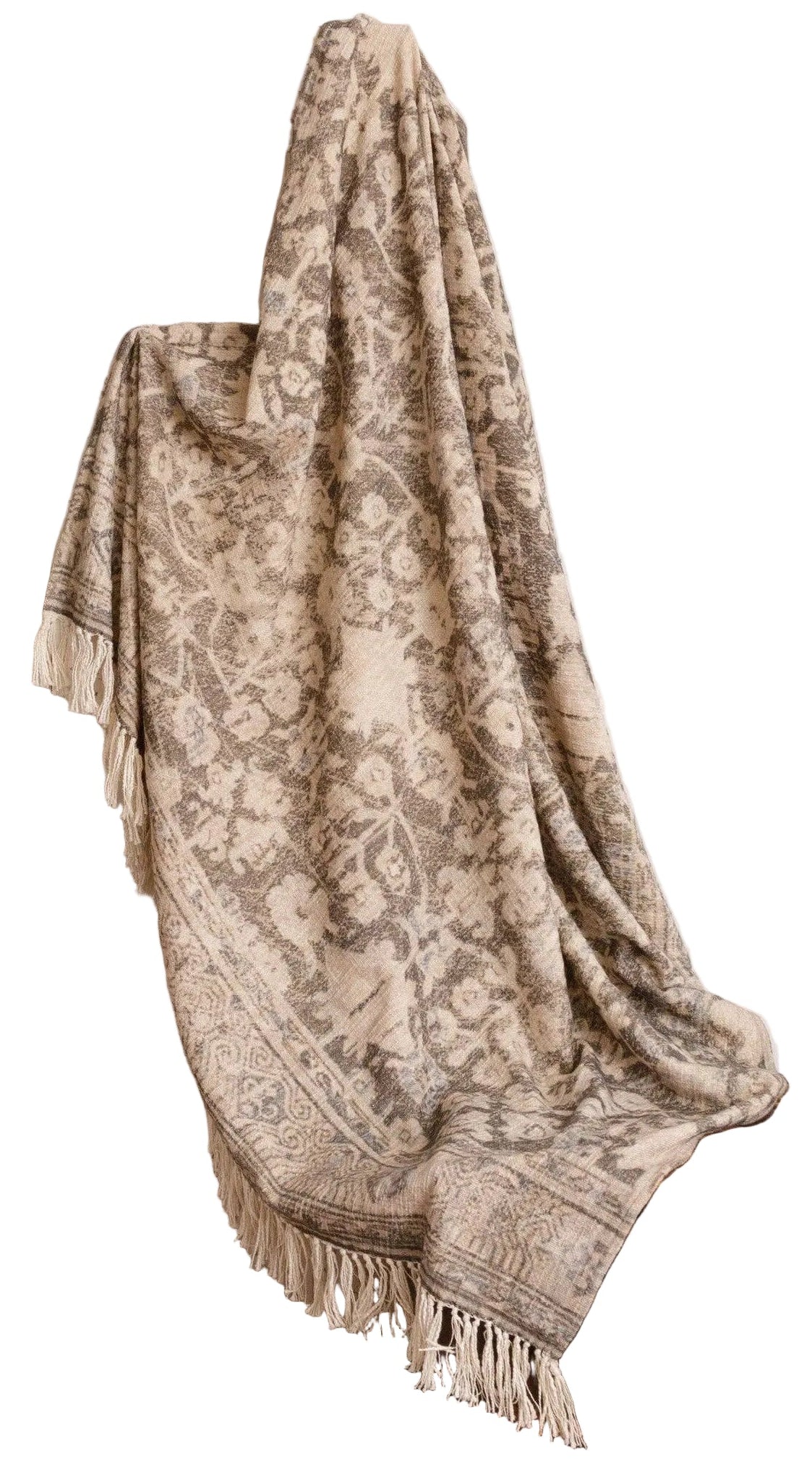 Throw Blanket Cotton Faded Gray & Cream Antique Pattern