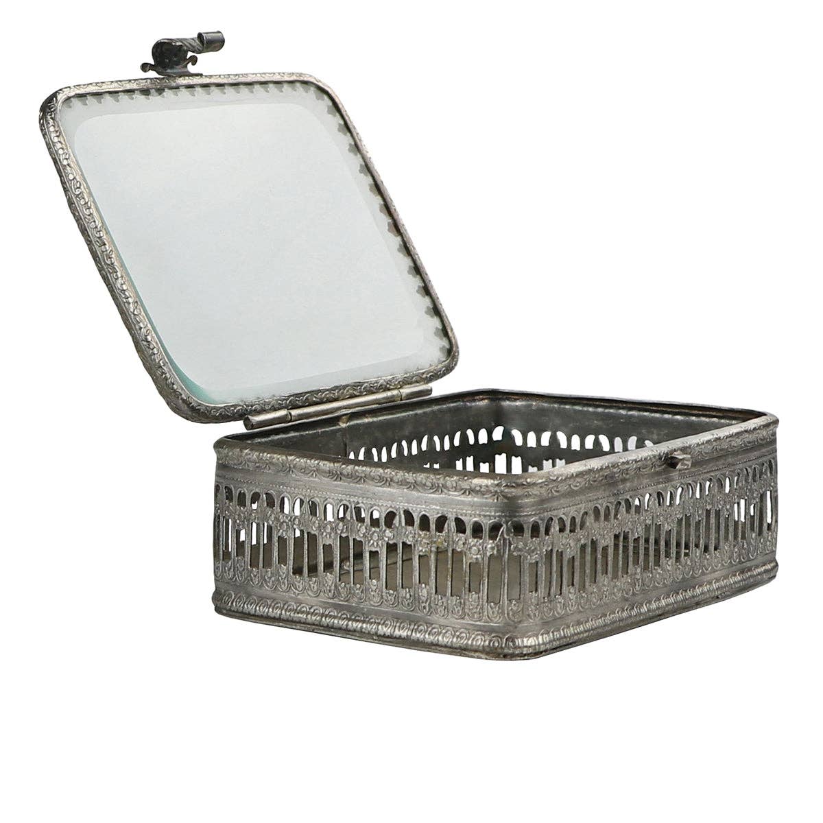 Vintage Brushed Nickel Glass Top Box
