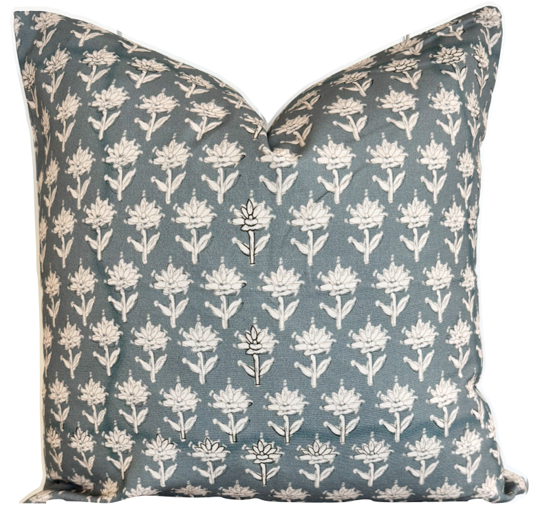 Pillow Teal Floral Handblock 100% Cotton Synthetic Down