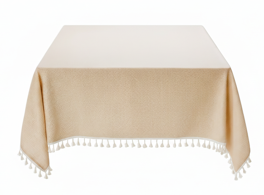 Tablecloth Gingham Beige Plaid Tasseled Cotton