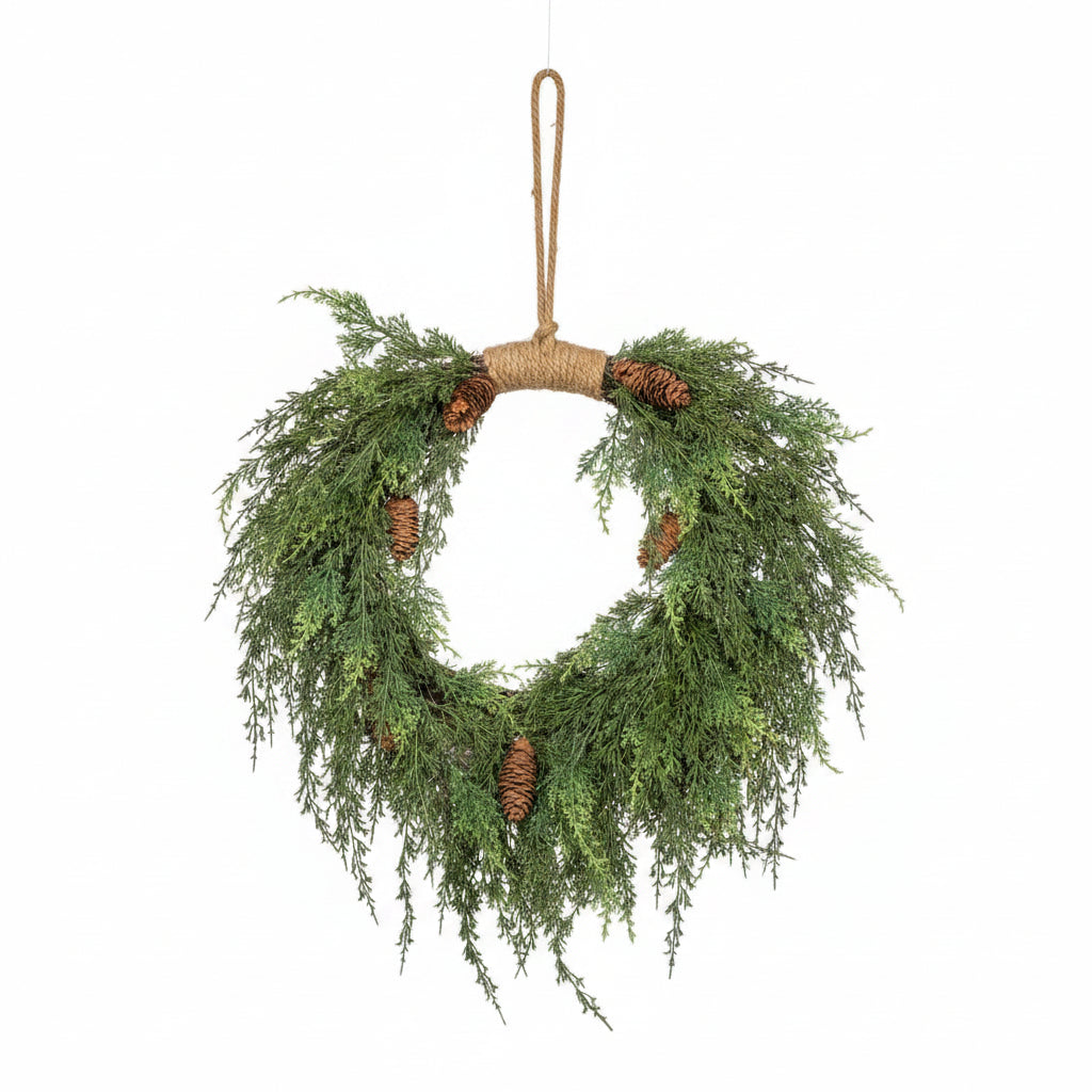 28" CEDAR & CONES HANGING WREATH
