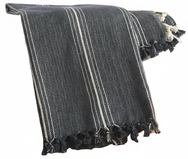 Throw Blanket Cotton Navy Blue with Stripes