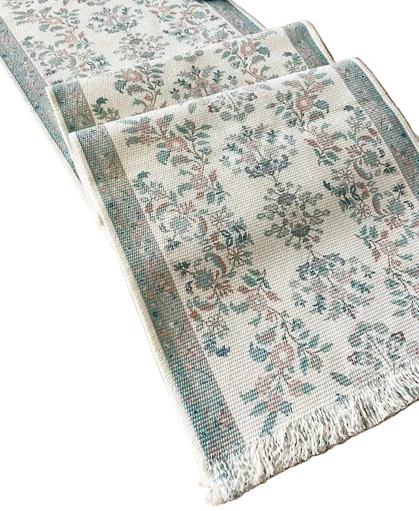 Table Runner Green Botanical Flower Fringed Cotton Blend