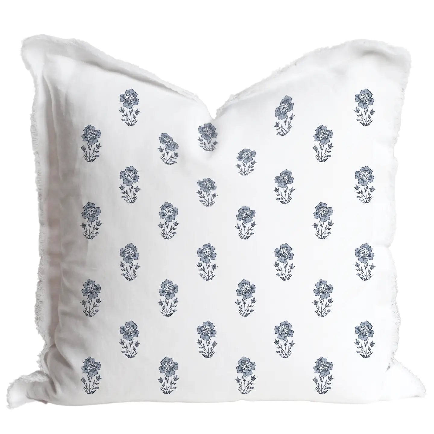 Pillow Natural Fringe Blue Flowers 100% Cotton with Down Alternative Insert