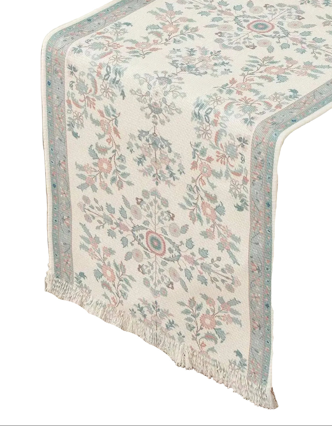 Table Runner Green Botanical Flower Fringed Cotton Blend