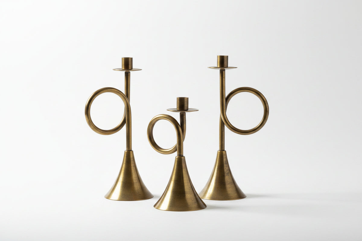 Antique Brass Trumpet Candle Holders (set of 3)