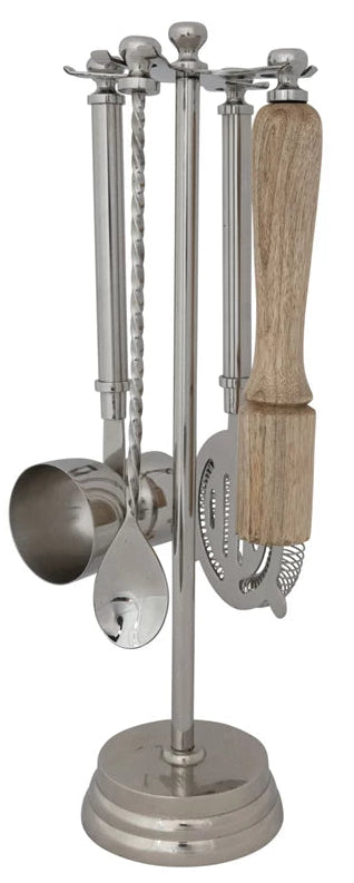 Bar Tools Stainless Steel & Mango Wood with Hanging Stand (set of 5)